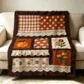 Retro Maillard patchwork flannel blanket detail, vintage floral embroidery and lace trim. - 60x40cm / Maillard Patchwork (FMTA159302)