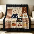 Cozy vintage patchwork flannel throw blanket detail with floral and fruit print, soft texture. - 60x40cm / Grid Floral (FMTA159304)