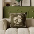 Vintage green throw pillow with elegant white floral embroidery and text for living room sofa. - 35x35 (Cover Only) / Dark Green
