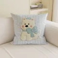 Blue and white plaid cushion with cute embroidered puppy design for sofa bedroom and office chair. - 35x35cm (Cover Only) / Blue White Plaid Dog (SBZA308901)