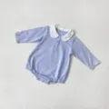 Baby girl long sleeve romper in lavender featuring a white embroidered collar and sweet buttons. - 66cm / Blue