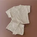 Baby knit top shorts set infant summer soft contrast trim short sleeve casual outfit 2pcs - 73cm / Oatmeal with Contrast Edge