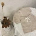 Baby knit short sleeve top and shorts set, soft ribbed summer casual outfit for infants. - 73cm / Solid Oatmeal