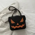 Halloween pumpkin shoulder bag, black PU leather cute tote bag, funny ghost face handbag for women. - Style 2 / Black