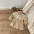 Robe bébé fille en coton manches longues beige avec grand col dentelle blanc version automne - 73cm / Abricot Foncé