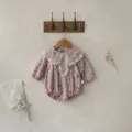 Cute baby girl floral long-sleeve romper with lace collar and matching bonnet for autumn. - Jumpsuits