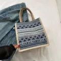 Modische ethnische geometrische Canvas Tasche mit braunen Griffen, blaue Damen Handtasche. - Welle Blau