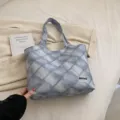 Korean style large capacity denim texture tote bag casual shoulder bag for women daily use. - Blue