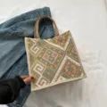 Ethnic style woven canvas tote bag, large capacity casual shoulder handbag for women. - Ethnic Green