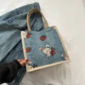Cute rabbit strawberry woven canvas tote bag casual denim style handbag for women daily use - Blue Rabbit