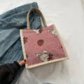 Canvas tote bag for women, cute strawberry rabbit print casual handbag, vintage linen bag. - Pink Rabbit
