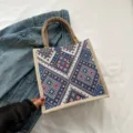 Ethnic style canvas tote bag, spacious handheld shopper bag with geometric pattern for daily use. - Ethnic Style Blue