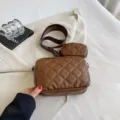 Brown quilted crossbody bag PU leather shoulder bag with small pouch for women daily use - Brown