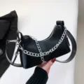 Black women hobo shoulder bag with stylish metal chain trendy underarm handbag for daily wear - Black