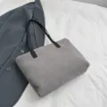 Grey plush shoulder tote bag for women, soft faux fur handbag with black straps autumn style - Without Pendant / Gray