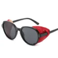 Lunettes de soleil steampunk pour hommes et femmes avec monture ronde et caches rouges. - Monture Noire Verre Gris (Rouge)