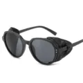Lunettes de soleil rondes steampunk avec protections latérales en cuir, style rétro noir. - Monture Noire Verre Gris (Noir)