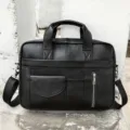 Borsa da lavoro nera in vera pelle per laptop d'affari con tasche multiple e comoda tracolla - Cartella Rinforzata (1116) / Versione Aggiornata / Nero