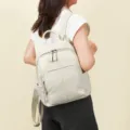 Women leather backpack minimalist retro cowhide school bag beige travel daypack casual purse - White