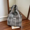 Borsa tote in tela a quadri casual, elegante borsa a spalla grigia per lavoro e studio. - Grigio
