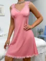 Roze kant afwerking v-hals slip nachthemd comfortabele vrouwen slaapkleding jurk - S / Roze