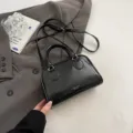 Damen schwarze Bowlingtasche Mode Schulter Umhängetasche PU Leder Handtasche Freizeit Tasche - Schwarz