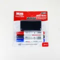 Erasable whiteboard marker set with 3 colored pens and 1 eraser, smooth writing office. - Blister Card 3+1 Pens