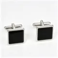 Close-up detail of square black and silver metal cufflinks for men's French dress shirts. - Square Black Face (Z6103) / Silver
