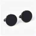 Close up detail view of sleek black round stainless steel cufflinks for men dress shirts. - 1 Pair / Round-Gun Black Mirror