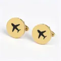 Gold tone stainless steel cufflinks featuring a stylish black airplane laser engraved design. - Gold (Black Airplane Pattern)
