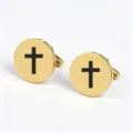 Close up view of gold round stainless steel cufflinks featuring a distinct black cross pattern. - Gold (Solid Black Cross Pattern)