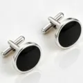 Elegant silver tone men's round cufflinks with black inlay, classic French shirt accessory. - Round Black Face (Z6101) / Silver