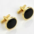 Gold-tone round cufflinks with black enamel inlay, classic French shirt cuff links for men. - Round Black Face (Z6102) / Gold