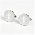 Stainless Steel Mirror Polished Round Cufflinks with Laser Etched Cross Motif for Men. - Silver (Simple Cross Pattern)