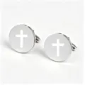 Stainless steel mirror polished round cufflinks featuring laser engraved cross for men. - Silver (Solid Cross Pattern)