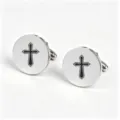 Stainless steel round cufflinks for men featuring a laser engraved black cross motif design. - Black (Simple Cross Pattern)