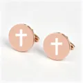 Rose gold stainless steel round cufflinks with laser engraved cross design for men business suit. - Rose Gold (Solid Cross Pattern)