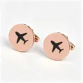 Stainless steel rose gold airplane cufflinks for men, laser engraved round french cuff links. - Rose Gold (Black Airplane Pattern)