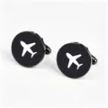 Black round stainless steel cufflinks with white airplane design for men French shirts. - Black (White Airplane Pattern)
