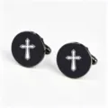 Stainless steel black round cufflinks with white cross laser engraved design for men apparel. - Black (Simple White Cross Pattern)
