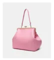 Close-up detail of the elegant pink kiss-lock handbag featuring a shiny gold metallic frame. - Pink