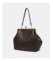 Close-up detail of the dark brown kiss-lock frame handbag showcasing premium texture. - Coffee