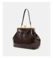 Dark brown crocodile embossed leather kiss lock handbag, vintage style metal frame tote detail. - Crocodile Pattern Coffee