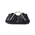 Black pleated clutch bag detail featuring a unique geometric gold metal handle for evening wear. - Black
