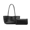 Black woven leather tote bag set with matching pouch, stylish hallow-out design for daily commute. - Black