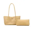 Elegant beige woven hollow tote bag for women, stylish vacation shoulder commuting handbag. - Yellow