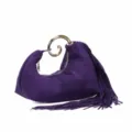 Purple suede handbag with gold spiral handle and tassel detail, stylish evening clutch bag. - Purple