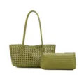 Green woven leather tote bag and matching pouch set for women, stylish casual summer handbag. - Green