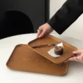 Wood grain plastic rectangular tray home cafe dessert plate bread food storage dish brown - Large Size 30.5x22x1.6cm
