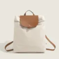 Sac à dos femme en nylon beige avec rabat en cuir marron style minimaliste léger et chic - Blanc Cassé